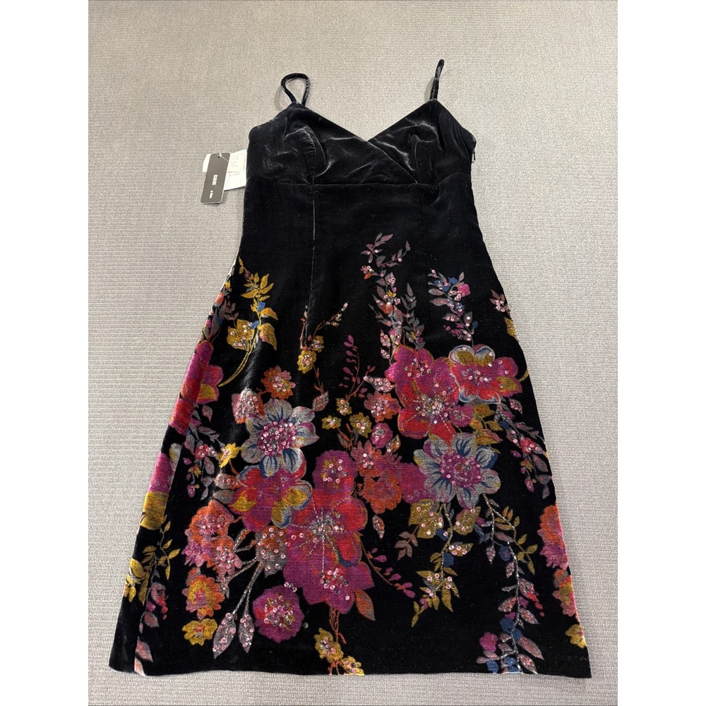 New Vintage Y2K Rimini Party Dress Black Velvet Floral Painted Beaded Size 6